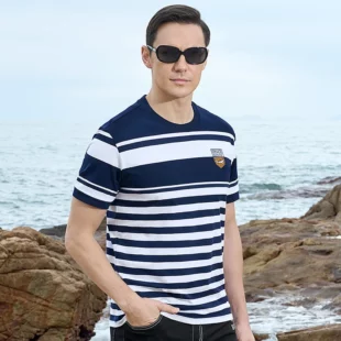 New Straight Men's Short T-shirt Round Neck Bruce&Shark Fashion Men's Stripe Tee Stretch Cotton Summer Breathable Tops Big Size 2 kf S2559c7157a0e4a04a7b3d18bf5273978F