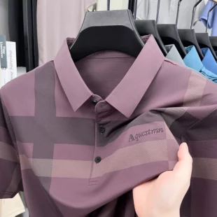 Summer High-end Luxury Men's Polo Shirt Lapel Stripe Print Short-sleeve Seamless T-shirt British Business Fashion Top Men's Wear 3 kf S2b762b5e672443bba5f8f3f2db4082b3H