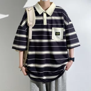 Summer Men's New Fashion Polo shirts Hong Kong Style Youthful Vitality Lapel Striped Button Pockets Half Sleeve Casual Tops 2 kf S39442f7165c041708ba0a549cfbb6eb7A
