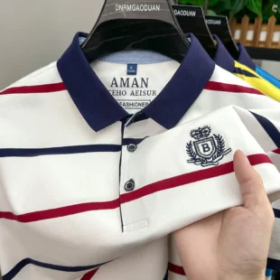 Light luxury stripe short sleeve men T-shirt high-end brand letter embroidery fashion urban style silky smooth casual polo shirt 1 kf S57b2a53921b549d083435e402af81c52G