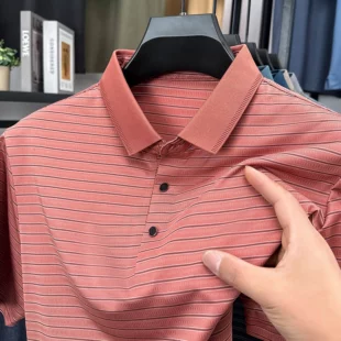 High Quality Summer Men's Business Casual Short Sleeve Comfortable Stripe Lapel Fashion Polo Short Sleeve No Trace T-shirt Top 2 kf S6034158907574a8b9db5a9610e6e9811V