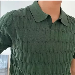 Men's Summer Jacquard Knitted Polo Shirts Stylish V-neck Short-sleeved Lapel Knit Pullover Tops Men Business Casual Wear T-shirt 4 kf S684cbd890085434db39b888ffffa8bebb