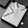Men's Spring Summer Collared Polo Shirt Short Sleeve Pure Color Striped Buttoned Business Casual White Top for Fashionable Men 3 kf S6bedf12770e546c284b28f4cf7ac5d6d4
