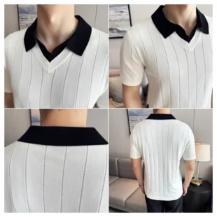 Thin Fashion Striped Lapel Knitted Polo Shirt, Fake Two-Piece Knitted Short-Sleeved T-shirt ~ Yellow Brown T-shirt 4 kf S765de5ac846c4c5cb64eea3356f10565w