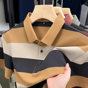 High end fashion men short sleeve polo shirt summer trend stripe men's wear middle-age business casual breathable lapel T-shirt 1 kf S77f5914af8bf482e8bd80457264fa809j