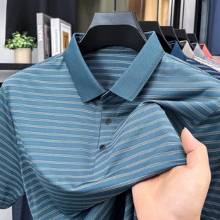 High Quality Summer Men's Business Casual Short Sleeve Comfortable Stripe Lapel Fashion Polo Short Sleeve No Trace T-shirt Top 3 kf S7c5aed1eb3f342d2bee453bc2d105fc4f