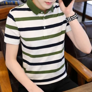 Summer new men's short-sleeved T-shirt striped cotton thin section business lapel men's polo shirt men's models 4 kf S8719292624fc4598a57ad404aeb065c2G