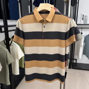 High end fashion men short sleeve polo shirt summer trend stripe men's wear middle-age business casual breathable lapel T-shirt 4 kf S99ef5f677abe44eda44e1ce956a73209x