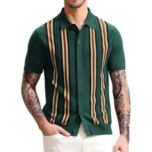 Men's Summer Knitted Shirt Contrast Color Single breasted Short Sleeve Stripe Print Knitted Summer Tops Male Clothes 3 kf S9a19e2c1cafe483a922b40fdadc0e069A