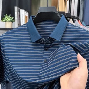 High Quality Summer Men's Business Casual Short Sleeve Comfortable Stripe Lapel Fashion Polo Short Sleeve No Trace T-shirt Top 4 kf Sa0f9d4c089af44a687eb9dc3ddbc23a8X