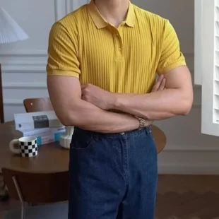 Vertical Stripe Knit Polo Men's Shirts Summer New Slim Solid Color Breathable Turn-Down Collar Business Short Sleeve Polo Tops 2 kf Sb14816119555489ba5abd8835ae06fd9R