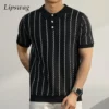 Classic Style Mens Slim Knit Polo T Shirts Summer Vintage Striped Short Sleeve Lapel Polo Shirt Men Daily Casual Buttoned Polos 6 kf Sbe50907a523742e7bb5c227b16d85e72M