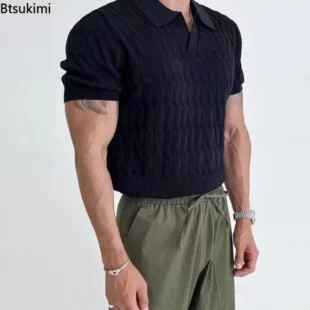 Men's Summer Jacquard Knitted Polo Shirts Stylish V-neck Short-sleeved Lapel Knit Pullover Tops Men Business Casual Wear T-shirt 3 kf Scd0c96191c4b4334a5395edb53323179S