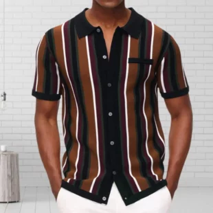 Men's Summer Knitted Shirt Contrast Color Single breasted Short Sleeve Stripe Print Knitted Summer Tops Male Clothes 2 kf Sce31372cde86450190cdece22dd10dd5C