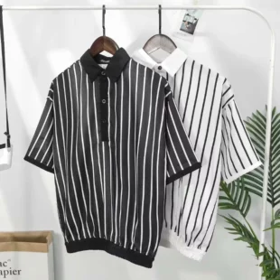 Men's Clothing White Stripe Polo T Shirt Button Down Collar Slim Fit Quick Dry Casual Comfortable Stylish Top for Young Men 1 kf Sd66de1ba15ac4fe79272b9f83a534542u