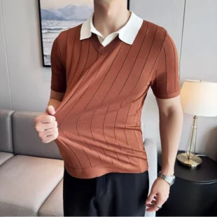 Thin Fashion Striped Lapel Knitted Polo Shirt, Fake Two-Piece Knitted Short-Sleeved T-shirt ~ Yellow Brown T-shirt 2 kf Sf266c966b41d4fa996efb3eefad84cb2t