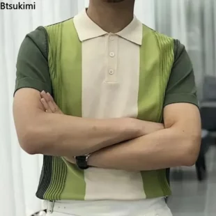 2025 Summer Men Short-sleeved Knitted Polo Blouse Cardigan Vintage Slim Stretch Tshirts Top Business Casual Male Shirts Clothing 2 kf Sf3b82dd4ba6148b0a3adff050223a345W