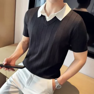 Thin Fashion Striped Lapel Knitted Polo Shirt, Fake Two-Piece Knitted Short-Sleeved T-shirt ~ Yellow Brown T-shirt 3 kf Sf8a8b028c2564a2ab4a953c30f1daedew