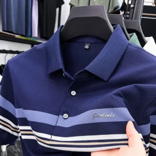 Light luxury brand striped decoration short sleeve polo shirt fashion embossed summer comfort breathable casual men's T-shirt 1 kf Sfc14299abd1f4045b0b1aa117036cc632