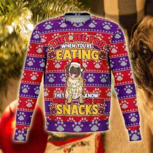 Adorable Pug Snacks Ugly Christmas Sweater